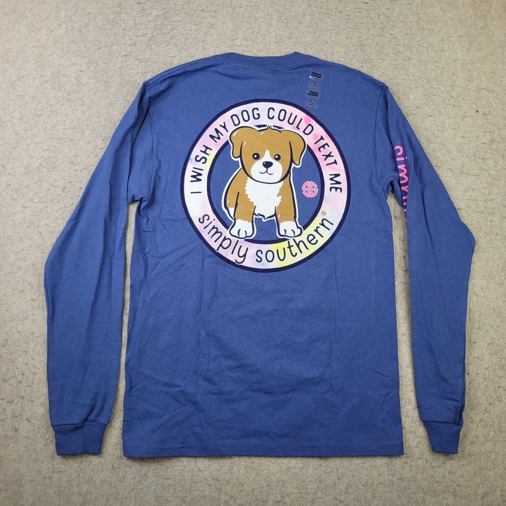 Simply Southern Long Sleeve‎ T Shirt Womens Small Blue Dog Text Me NEW